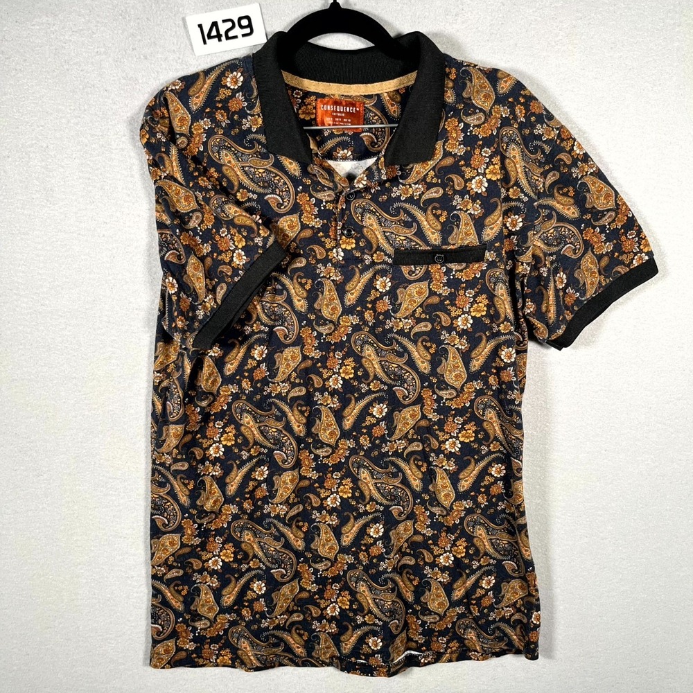 Consequence Knitwear Polo Shirt Mens Medium Brown Paisley Short Sleeve‎ Golf
